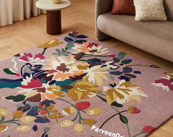 Hand Tufted Lavender Floral Rug, 100% Wool Botanical Pink Area Rug, Modern Handmade Carpet for Living Room Bedroom Decor
