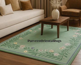 Green Floral Border Rug, Hand Tufted 100% Wool Classic Handmade Carpet for Living Room, Bedroom & Elegant Traditional Home Decor