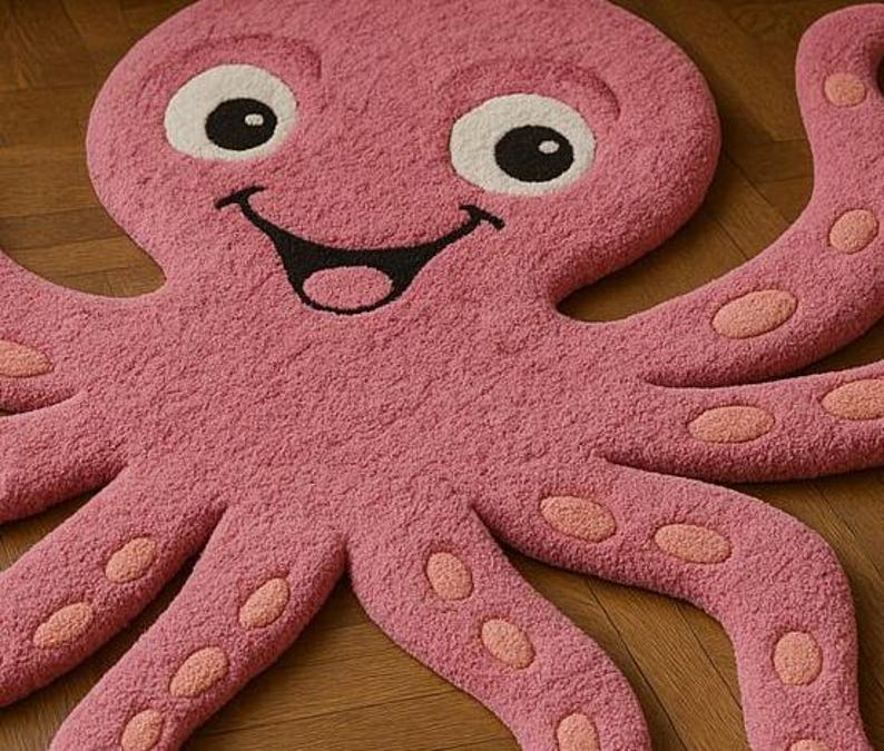 May include: A pink octopus-shaped rug with a textured surface. The rug features a smiling face with large white eyes, black pupils, and a black mouth. The eight tentacles are decorated with light pink oval suction cup patterns throughout the design.