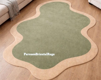 Hand Tufted Wool Rug, Green Irregular Shape, Contemporary Design
