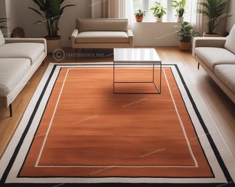 Hand Knotted Rust Wool Rug, Beige and Black Border