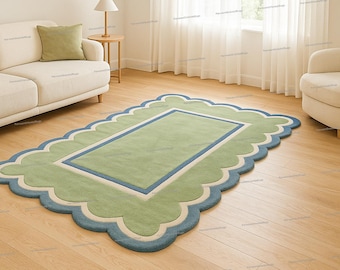 Scalloped Edge Area Rug, Hand Tufted Modern Rug, Soft Green Base with Blue Border 100% Wool Rug, Luxury Handmade Carpet for Living Room