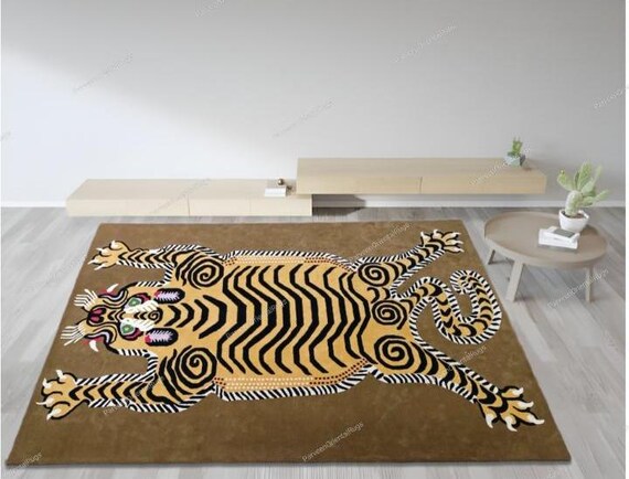 Tibetan Tiger Rug, Hand Tufted Brown/ Yellow Rug, Large Area Rug For Home, Living Room And Bedroom Décor Rug