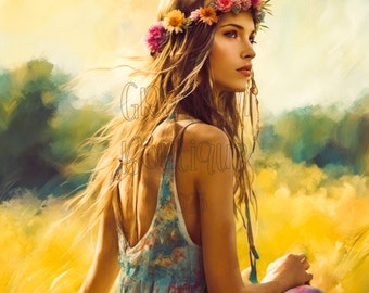 BOHO hippie girl #2 | On the meadow | Colorful Graphics | Digital Download | AI Art | digital art | DigitalPaper