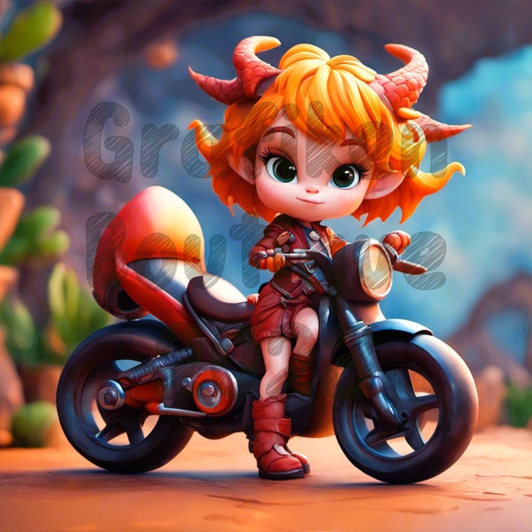 Chibi Dragon Biker Girl Diamond Painting Template, AI Art, Halloween Gift, Digital Art, PDF File