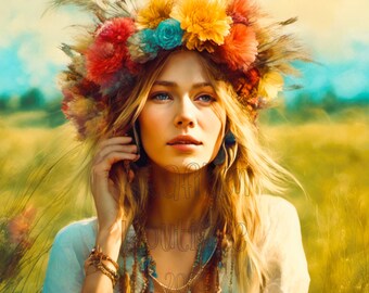 BOHO hippie girl | Out of the Meadow | Colorful Graphics | Digital Download | AI Art | digital art | DigitalPaper
