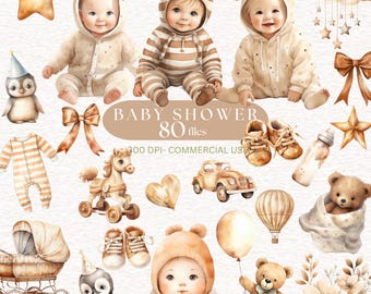 80 Baby Shower Clipart Neutral Baby Shower Watercolor Baby Shower PNG Boho Cute Baby boy girl Clip art Beige Boho Teddy Bear Nursery Decor