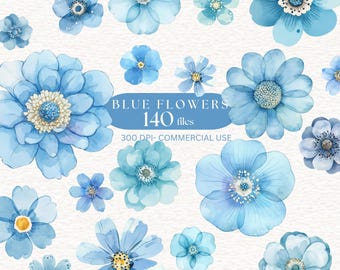 Watercolor BLUE flowers clipart Pastel blue Abstract Flowers PNG Bloom flowers Clipart dusty blue floral image blue Bouquet flower sticker