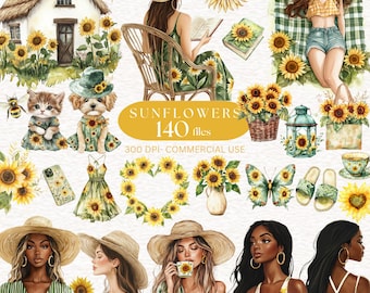 SUNFLOWERS Summer Clipart Watercolor Flower Girl Botanical Summer Floral clipart Digital download Cozy Fall Birthday Autumn sunflower PNG