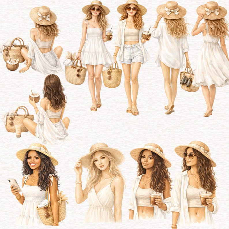 Pu&ograve; includere: Illustrazione ad acquerello di donne in abiti estivi bianchi, cappelli di paglia e occhiali da sole. Alcune tengono borse, bevande e binocoli. L'immagine ha un tema spiaggia e un'atmosfera leggera e ariosa.
