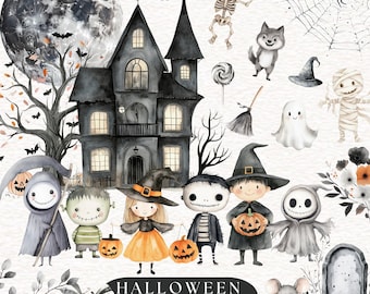 150 Watercolor Cute Halloween Clipart Witch Pumpkin Clipart Kid Halloween PNG Cute Little Ghost Mummy Happy Halloween  haunted house Clipart