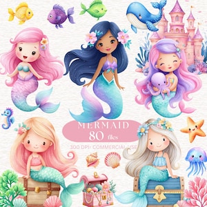 Può includere: Illustrazione ad acquerello con sirene, pesci, una balena e un castello. Le sirene hanno capelli e code colorati, con accenti floreali. L'immagine include il testo "MERMAID 80 files 300 DPI- COMMERCIAL USE".