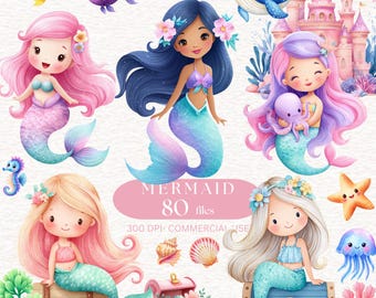 Pastel Mermaid Clipart Watercolor Under the Sea Animals Image Mermaid Tails  Seahorse Whale Seashell Starfish PNG  Kids Ocean Party Clipart