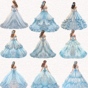 May include: Nine watercolor illustrations of off-the-shoulder ball gowns in shades of blue. Each gown features intricate silver embroidery and embellishments. The gowns have varying skirt styles, from layered ruffles to flowing, full skirts. Each illustration depicts a woman with brown hair.