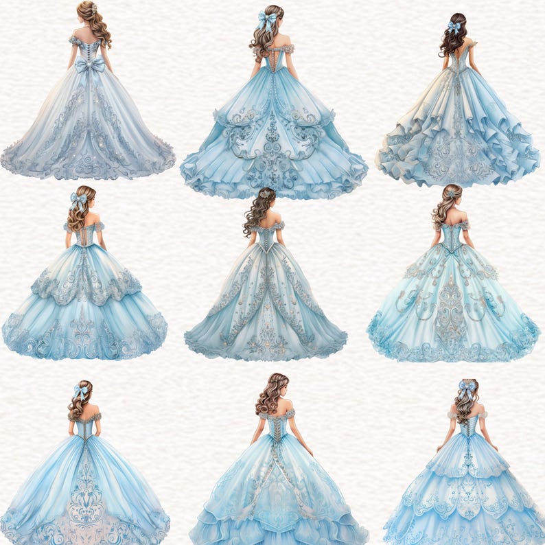 May include: Nine watercolor illustrations of off-the-shoulder ball gowns in shades of blue. Each gown features intricate silver embroidery and embellishments. The gowns have varying skirt styles, from layered ruffles to flowing, full skirts. Each illustration depicts a woman with brown hair.