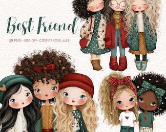 Quirky Best Friends Clipart Besties PNG BFF Image Soul Sisters Storybook Watercolor cute girl Junk Journal Scrapbooking Digital Download
