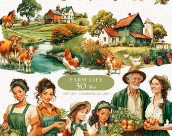 50 Watercolor Farm Life Clipart Cute Farm Clipart Farm Animal Clipart Rustic Farm  Horse Pig Hen Cow Baby Animals Clipart Farm Family PNG