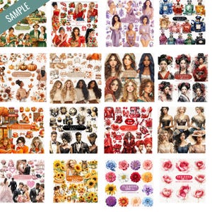 May include: A collection of watercolor illustrations featuring various themes. The images include portraits of women, floral arrangements, perfume bottles, and scenes with people. The color palette is diverse, with warm and cool tones.
