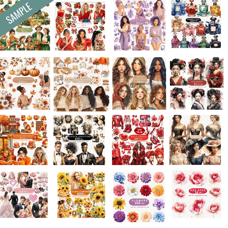 May include: A collection of watercolor illustrations featuring various themes. The images include portraits of women, floral arrangements, perfume bottles, and scenes with people. The color palette is diverse, with warm and cool tones.