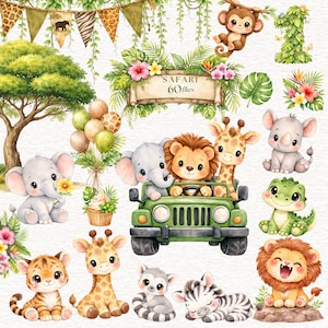 Puede incluir: Ilustración en acuarela con temática de safari, con varios animales, incluyendo un león, una jirafa, un elefante y una cebra. La imagen incluye un jeep verde, follaje tropical y una pancarta con el texto "SAFARI 60 files."