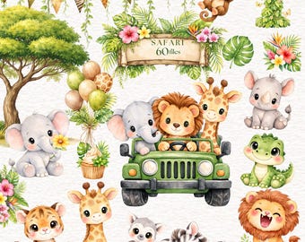 Watercolor Safari Clipart, Cute Animals Clipart, Forest Animal Clipart Jungle Animals Clipart, Baby Shower Wild One Clipart Digital Download
