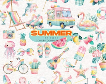 Summer Clipart Bundle Watercolor Cute Summer Clip art Pink Pool Party Summer Vibes PNG Beach Clipart Commercial Use Holiday Vacation Clipart