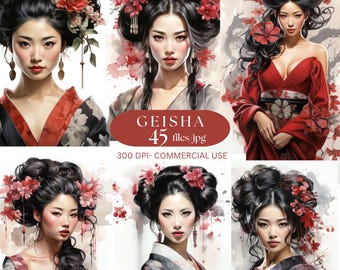 Watercolor Geisha Clipart Japanese Geisha Clip Art Instant Download Commercial Use Japanese Fashion JPG Geisha Illustration Asian Culture