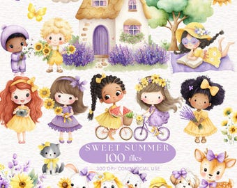Summer Clipart Watercolor pastel purple lilac yellow Summer Vibes PNG Holiday Lavender image Cottagecore Kids Cute Animals, Floral Spring
