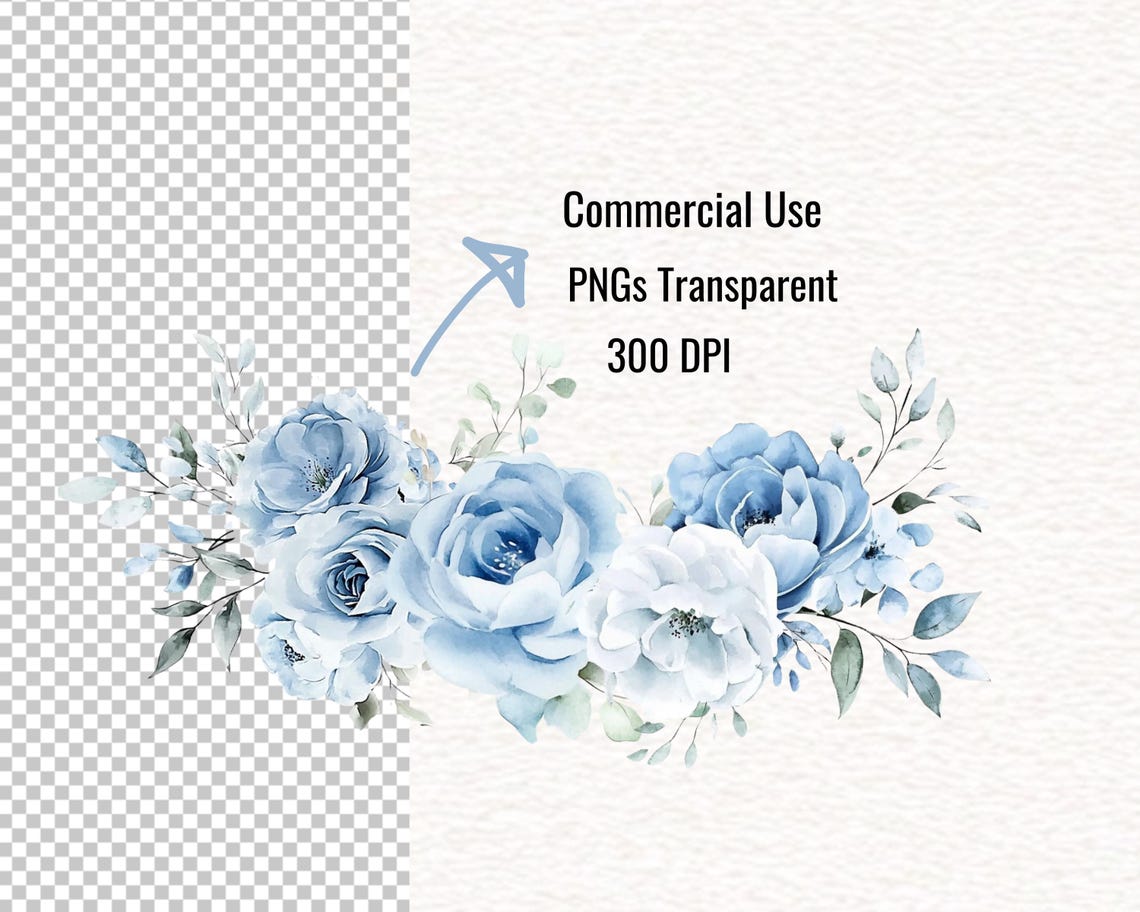 Watercolor Dusty Blue Roses Clipart, Blue Floral PNG, Wedding Roses ...