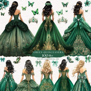 May include: Digital illustrations of green quinceañera dresses with gold accents. The image includes various dress designs, butterflies, tiaras, and high heels. The text "GREEN QUINCEAÑERA" and "100 files" is also present.