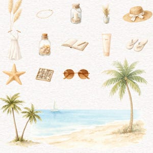 Pu&ograve; includere: Illustrazione ad acquerello di oggetti a tema spiaggia. Include un vestito bianco, occhiali da sole, un cappello di paglia, conchiglie, una stella marina, crema solare e palme. Una scena di spiaggia con una barca a vela e l'oceano sullo sfondo.