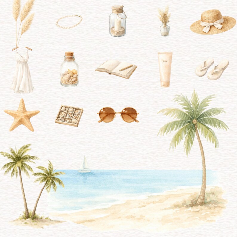 Pu&ograve; includere: Illustrazione ad acquerello di oggetti a tema spiaggia. Include un vestito bianco, occhiali da sole, un cappello di paglia, conchiglie, una stella marina, crema solare e palme. Una scena di spiaggia con una barca a vela e l'oceano sullo sfondo.