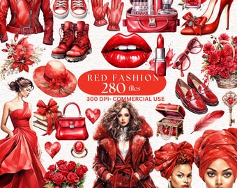 280 Clipart acquerello moda rossa Clipart fiore rosso Illustrazione di moda Grafica di moda Clipart abito rosso Clipart glamour moda donna