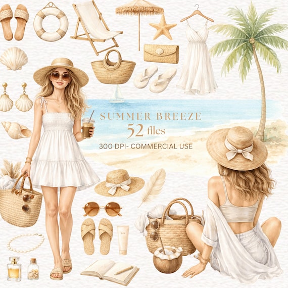 Watercolor Cozy Beach Summer Clipart, Summer Breeze PNG, Neutral Summer Aesthetics,  Coastal Fashion image, Ocean Calm Beach Planner Clipart
