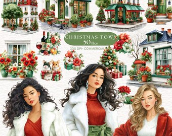 Christmas Town Clipart  Winter Festive Clip art  Xmas Store Beautiful Girl Vintage Winter City Watercolor Clipart house png Christmas design