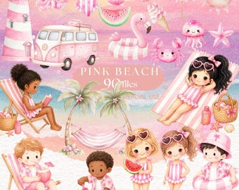 Pink Beach Summer Clipart Bundle Watercolor Pool Party Summer Vibes PNG Beach Clipart Commercial Use Holiday Vacation Clipart