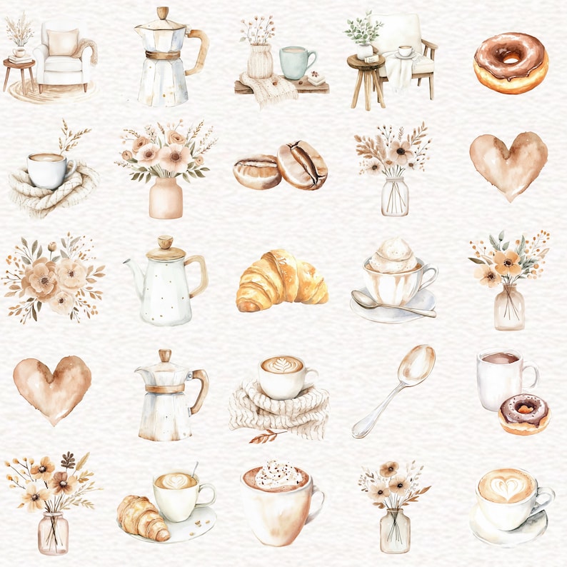 Coffee Cafe Clipart Boho Lover Clipart Watercolor Cozy Coffee Shop Clip ...