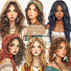 180 Aquarelle Boho femme Portrait Clipart Boho femme clipart Boho girl belles femmes clip-arts visage Pretty Girls Portrait clipart