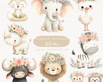 Floral Animal Clipart, Watercolor Boho Baby Animal image, Flowers Woodland Safari PNG Spring Nursery decoration Girl Birthday Party