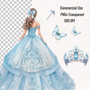 May include: A digital illustration of a woman in a light blue ball gown with intricate white lace details. The image includes two light blue butterflies, a jeweled crown, and the text "Commercial Use PNGs Transparent 300 DPI."