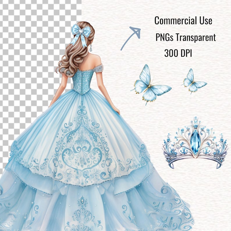 May include: A digital illustration of a woman in a light blue ball gown with intricate white lace details. The image includes two light blue butterflies, a jeweled crown, and the text "Commercial Use PNGs Transparent 300 DPI."