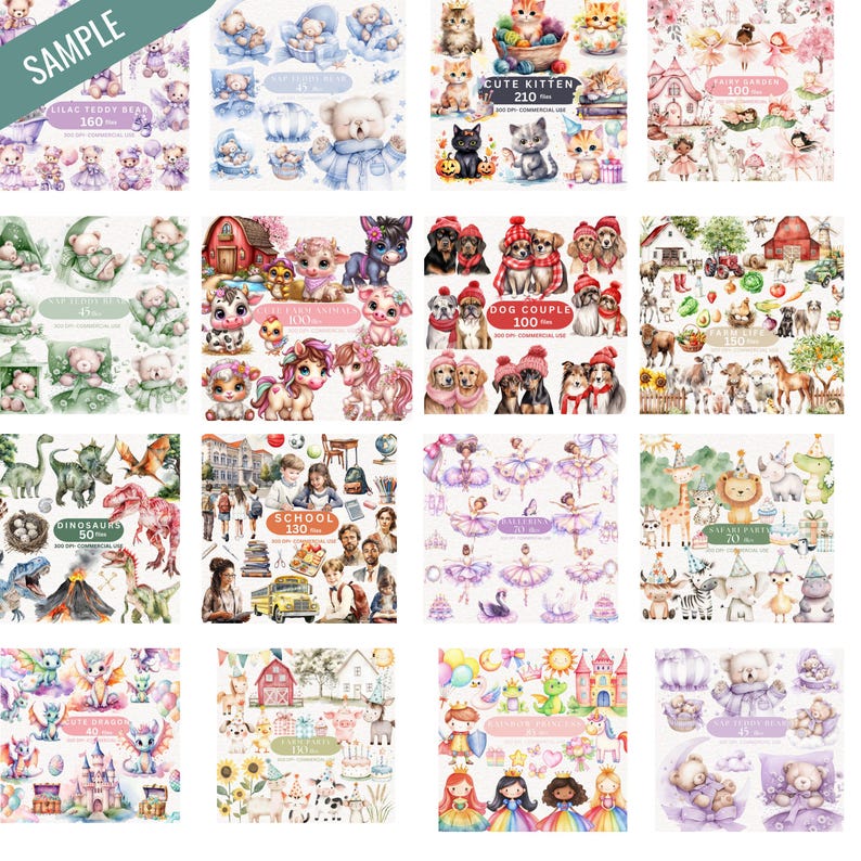 May include: A collection of watercolor illustrations featuring various themes. The images include teddy bears, kittens, dogs, dinosaurs, school-themed elements, and fairytale characters. The color palette is soft, with pastel shades and detailed artwork.