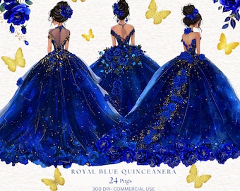 Royal Blue Gold Princess Dresses Watercolor Clipart, Quinceaera Floral  Clipart Butterfly Premade Mis Quince Birthday Gold Glitter CA190 - Etsy