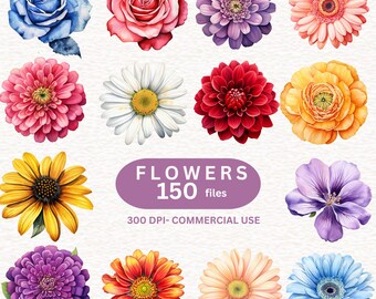 150 Watercolor Flower Sticker Clipart, Botanical Art, Summer Floral clipart, Digital Download for Scrapbooking & Planner, Journaling, PNG