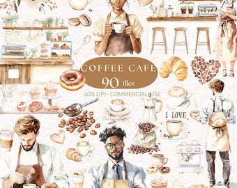 Coffee Cafe Clipart Boho Lover Clipart Watercolor Cozy Coffee Shop clip art Rustic Cafe Coffee Bean Clip Art Coffee Cup Barista Cafe PNG Set