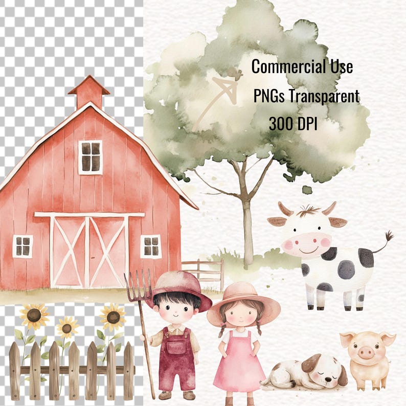 165 Watercolor Farm Animals Clipart Cute Kid Farm Life Clip Art Animal ...