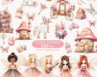 Op de afbeelding: Waterverfillustraties met een feeëntuin thema. De afbeelding bevat feeën, eenhoorns, paddenstoelhuizen, een koets, vlinders en de tekst "Fairy Garden 130 files 300 DPI-COMMERCIAL USE."