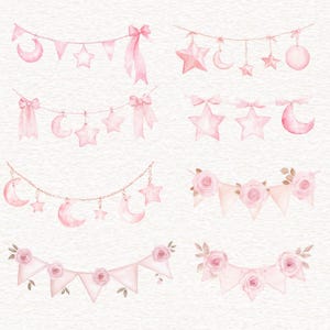 Puede incluir: Ilustraciones en acuarela de guirnaldas y pancartas rosas. Los dise&ntilde;os incluyen estrellas, lunas, lazos y rosas. Las guirnaldas est&aacute;n ensartadas en cuerdas o cadenas. El tema general es suave y femenino, adecuado para baby showers u otras celebraciones.