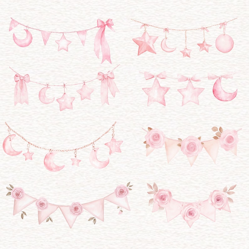 Puede incluir: Ilustraciones en acuarela de guirnaldas y pancartas rosas. Los dise&ntilde;os incluyen estrellas, lunas, lazos y rosas. Las guirnaldas est&aacute;n ensartadas en cuerdas o cadenas. El tema general es suave y femenino, adecuado para baby showers u otras celebraciones.