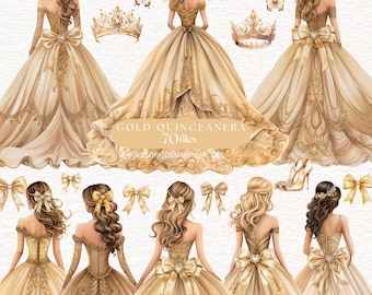 GOLD Quinceanera clipart Champagne Gold Ball room princess clipart Brown butterfly clipart  Beige Bow image Neutral Quinceanera Princess PNG